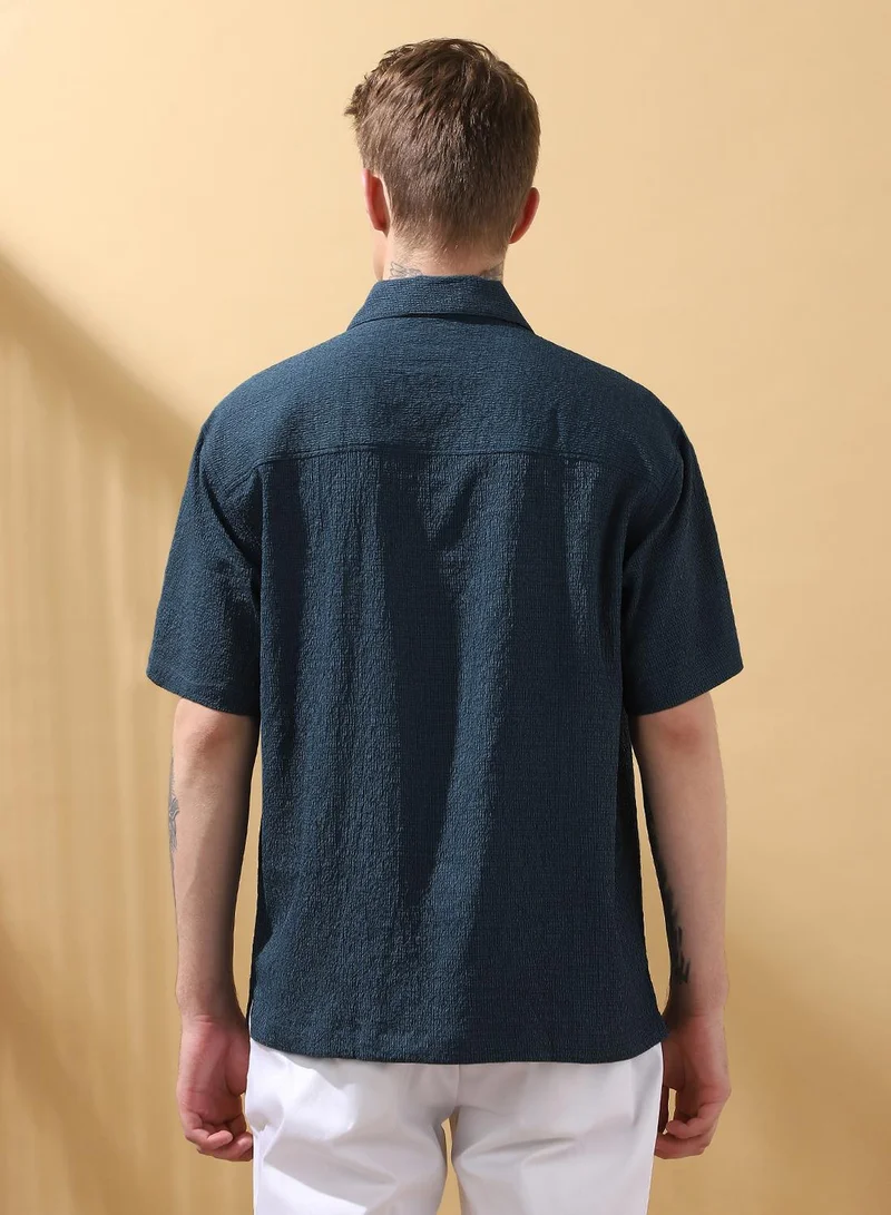 Dennis Lingo Men's Blue 100% Polyester Textured Button Down Relaxed Shirt