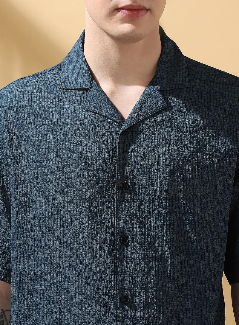 Dennis Lingo Men's Blue 100% Polyester Textured Button Down Relaxed Shirt