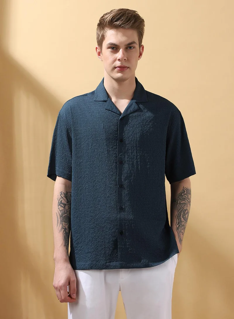 Dennis Lingo Men's Blue 100% Polyester Textured Button Down Relaxed Shirt