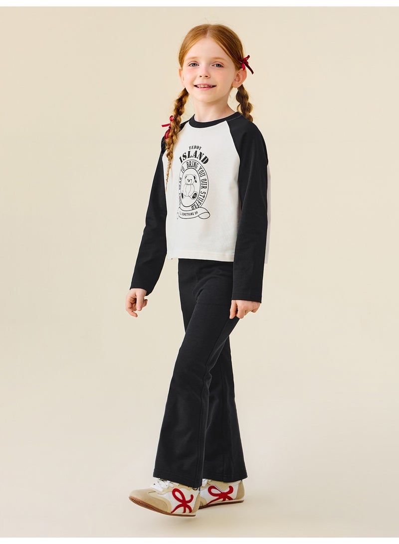 ميني بالا طقم بلوزة بأكمام راجلان وبنطلون واسع للبنات، مصنوع من نسيج مزيج قطني ناعم، بطبعة جرافيكية لطيفة، ملابس مريحة للأطفال - Image 2