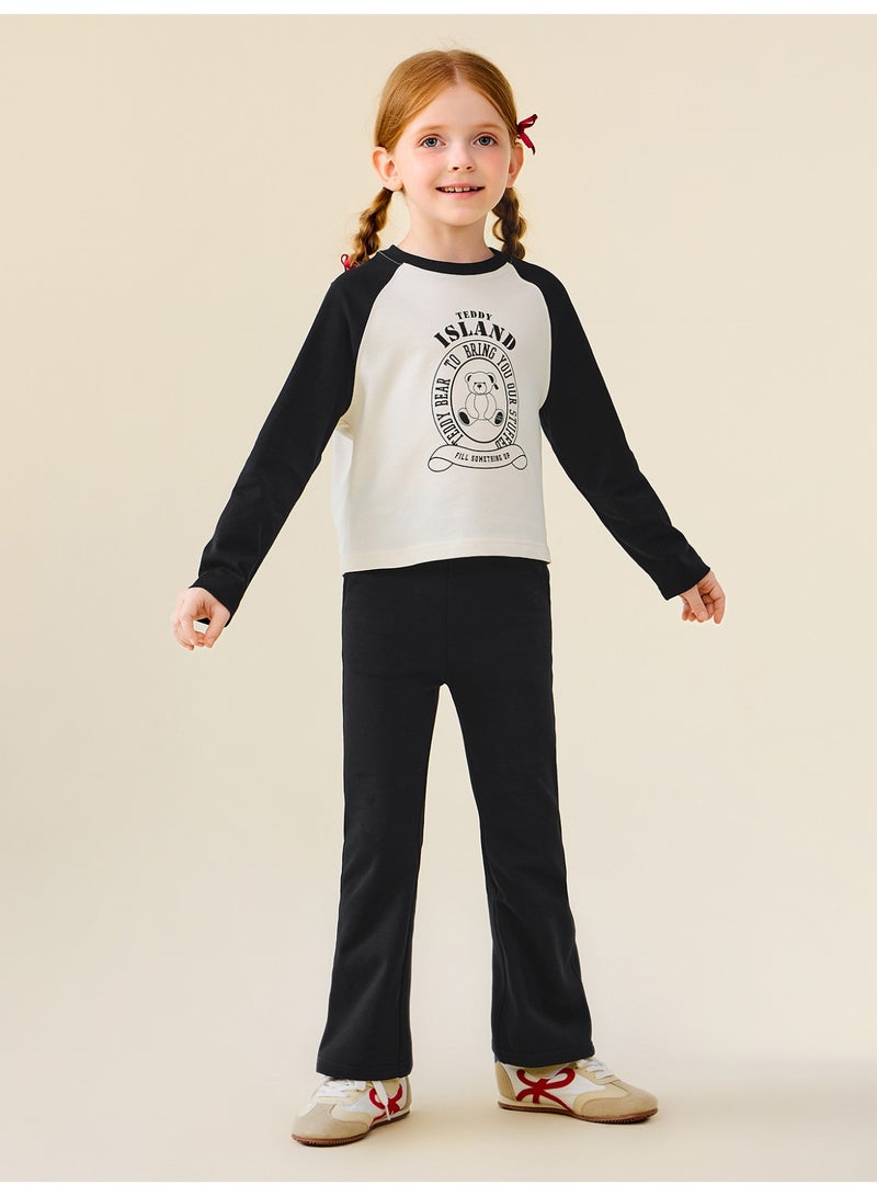 ميني بالا طقم بلوزة بأكمام راجلان وبنطلون واسع للبنات، مصنوع من نسيج مزيج قطني ناعم، بطبعة جرافيكية لطيفة، ملابس مريحة للأطفال - Image 1