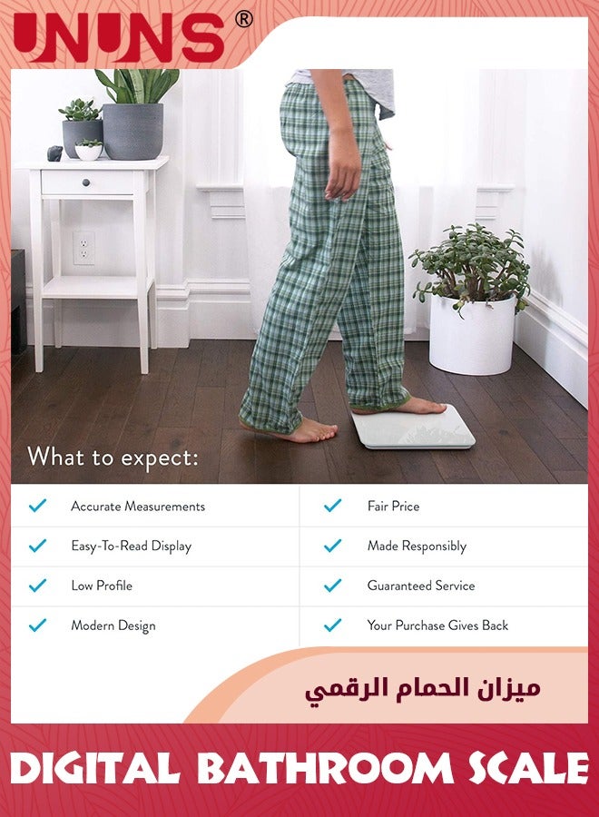 UNUNS ميزان ذكي للوزن، ميزان حمام، ميزان رقمي لوزن الجسم بشاشة غير مرئية بإضاءة خلفية، تصميم زاوية دائرية لشحن USB، مقياس زجاجي دقيق مقاوم للخدش، يصل إلى 400 رطل، أبيض  - Image 4
