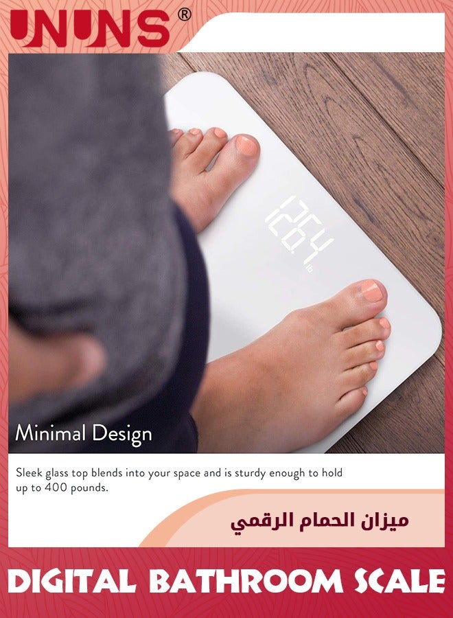 UNUNS ميزان ذكي للوزن، ميزان حمام، ميزان رقمي لوزن الجسم بشاشة غير مرئية بإضاءة خلفية، تصميم زاوية دائرية لشحن USB، مقياس زجاجي دقيق مقاوم للخدش، يصل إلى 400 رطل، أبيض  - Image 3