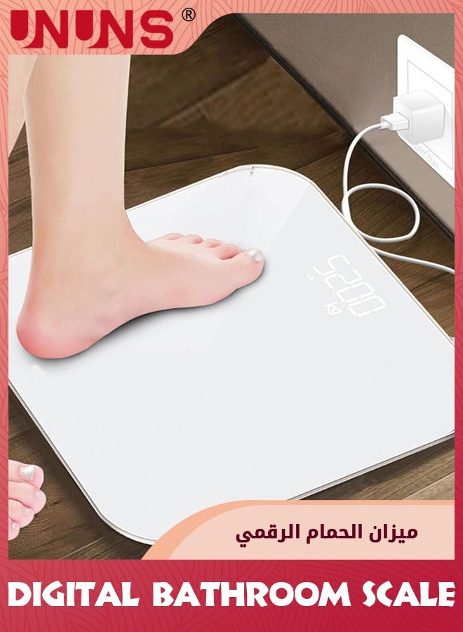 UNUNS ميزان ذكي للوزن، ميزان حمام، ميزان رقمي لوزن الجسم بشاشة غير مرئية بإضاءة خلفية، تصميم زاوية دائرية لشحن USB، مقياس زجاجي دقيق مقاوم للخدش، يصل إلى 400 رطل، أبيض  - Image 1