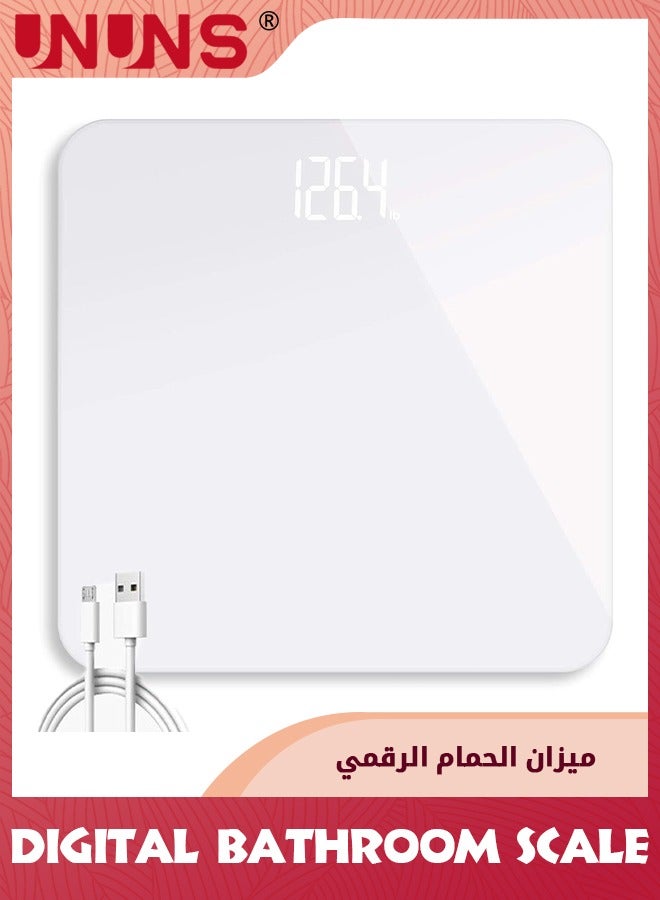 UNUNS ميزان ذكي للوزن، ميزان حمام، ميزان رقمي لوزن الجسم بشاشة غير مرئية بإضاءة خلفية، تصميم زاوية دائرية لشحن USB، مقياس زجاجي دقيق مقاوم للخدش، يصل إلى 400 رطل، أبيض  - Image 5