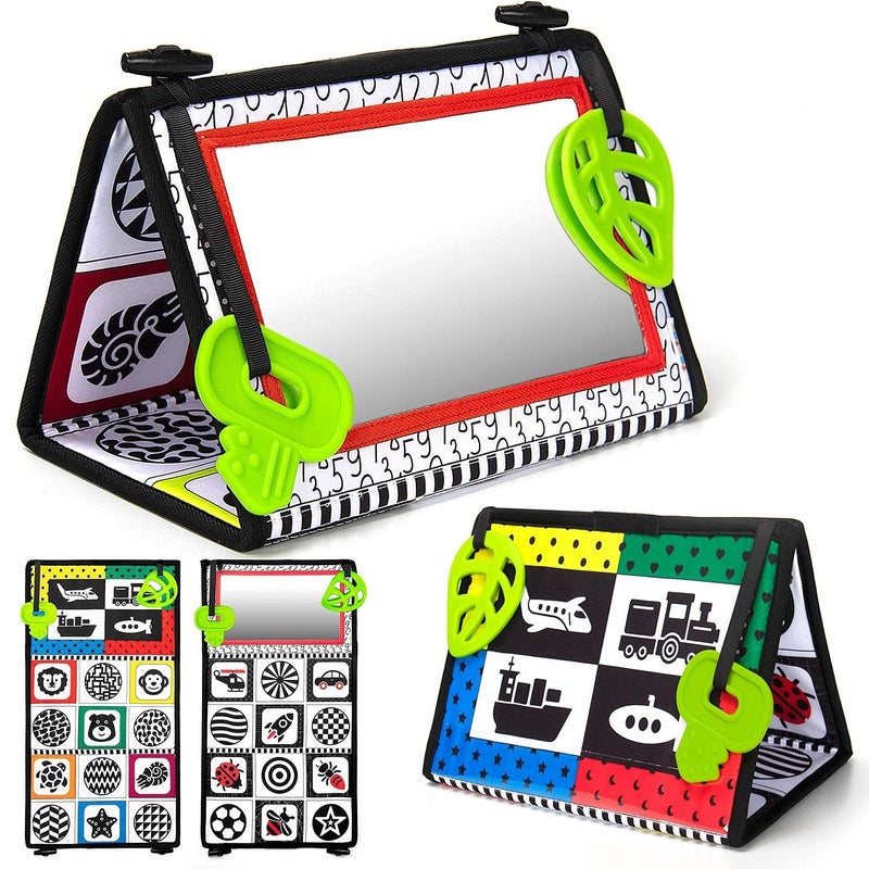 teytoy Tummy Time Baby Mirror Toys with Teethers, Double Black and White High Contrast Baby Toys 0-6 Months, Foldable Floor Sensory Development Toys for Infants Newborn - Image 1