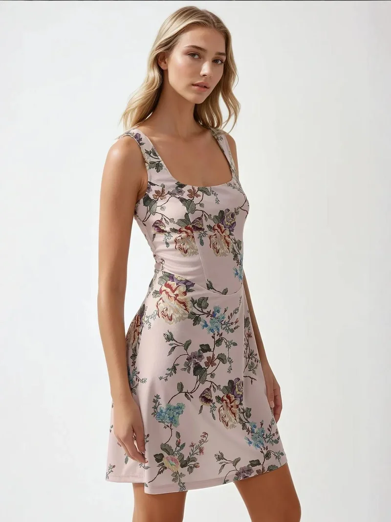 زوبعة فستان قصير ضيق بياقة مربعة وطبعة زهور