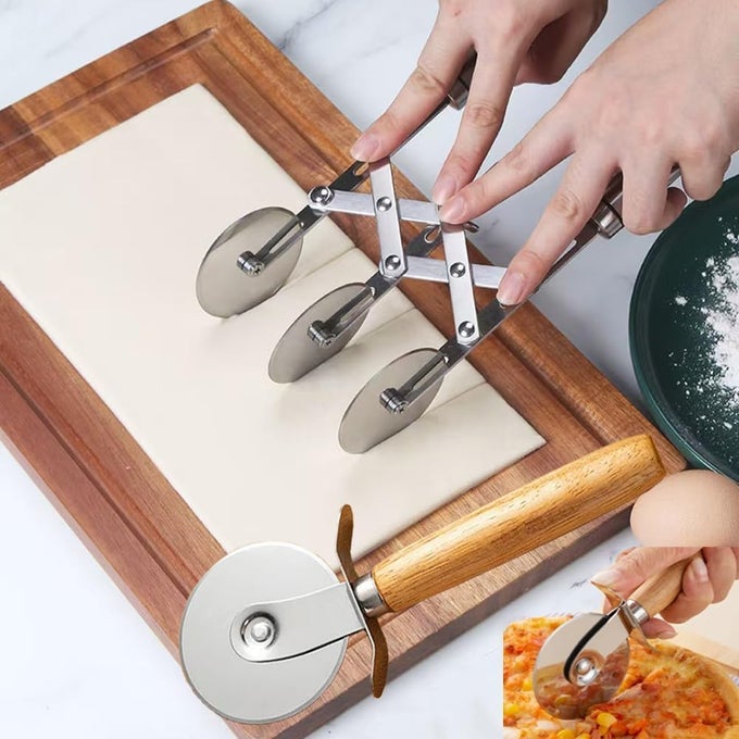3WHEEL PASTRY KNIFE DOUGH CUTTER AND WOODEN HANDLE PIZZA KNIFE WHEELSPAGHETTI AND NOODLE SLICER STAINLESS STEEL PIZZA SLICER MULTIPLE PASTA ROLLER CUTTER TOOLS WITH HANDLE