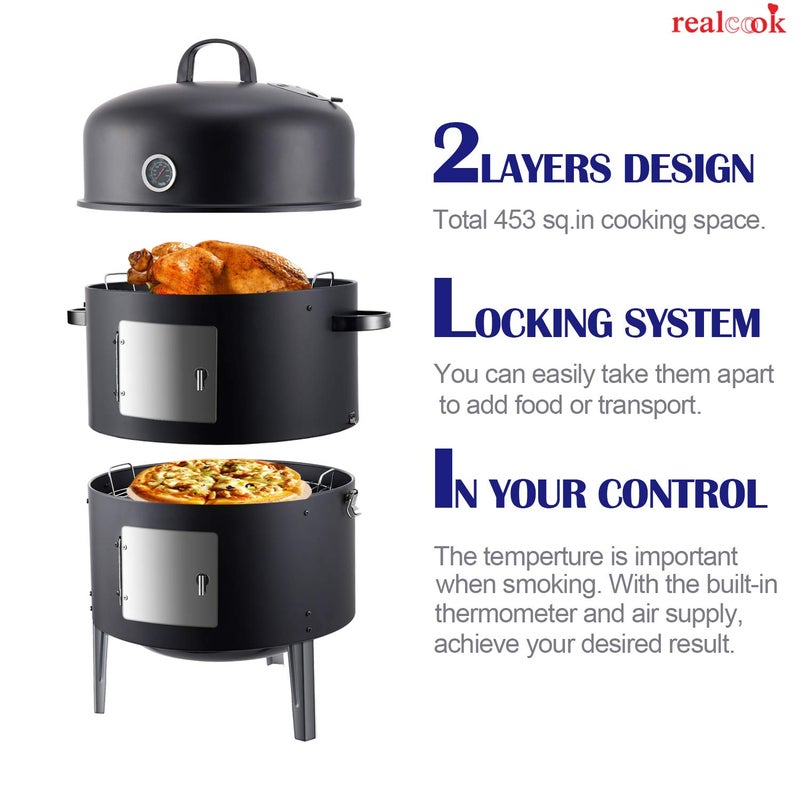 Realcook Vertical 17 Inch Steel Charcoal Smoker, Heavy Duty Round BBQ Grill for Outdoor Cooking, Black - Image 5