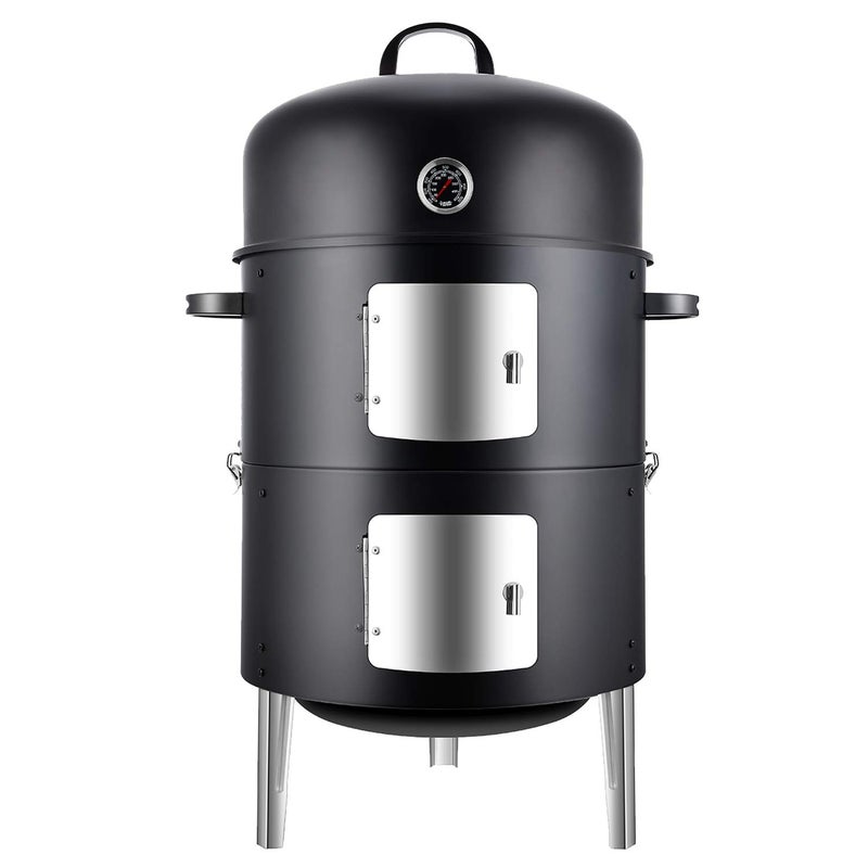 Realcook Vertical 17 Inch Steel Charcoal Smoker, Heavy Duty Round BBQ Grill for Outdoor Cooking, Black - Image 1