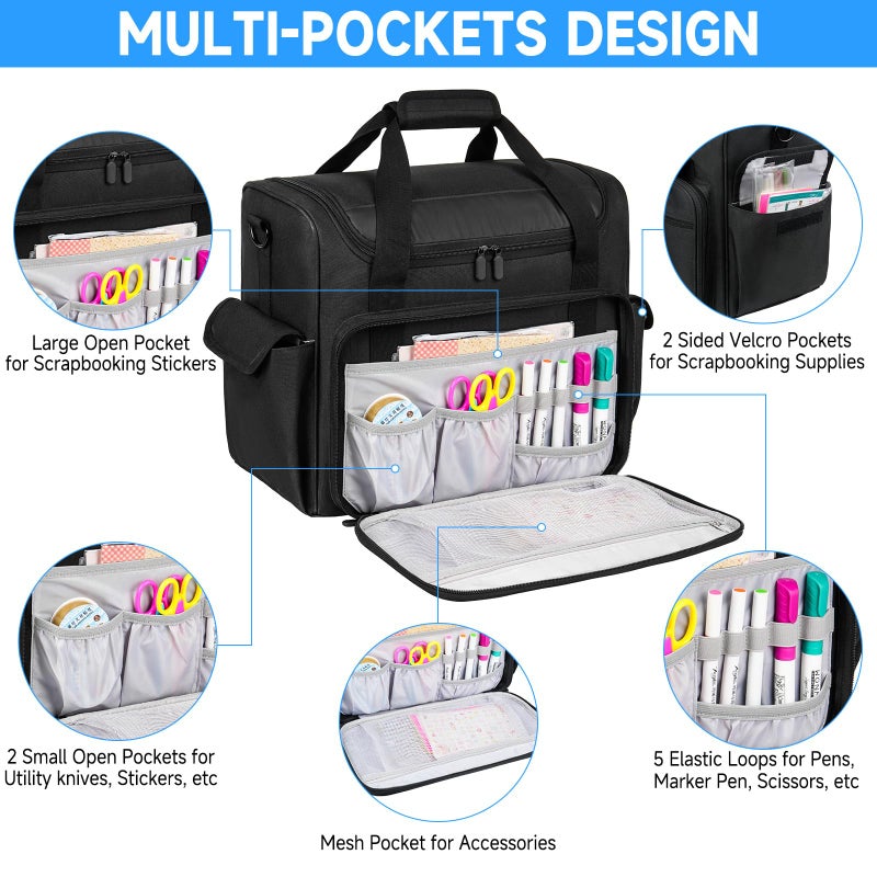Jaffzora Craft Bag for Scrapbook Supplies, Large Scrapbook Tote with 15.6'' Laptop Sleeve, Art Supply Storage Bag with Multiple Pockets for Scrapbooking Tools, Black - Image 3