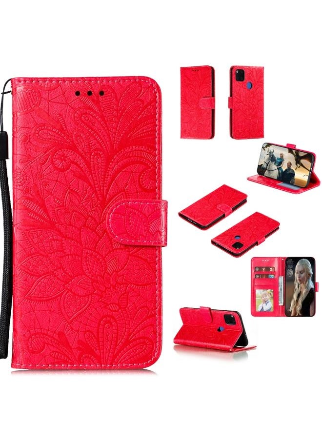 HuHa Case Cover For Xiaomi Redmi 9C Lace Flower Horizontal Flip Leather Case with Holder & Card Slots & Wallet & Photo Frame Red 