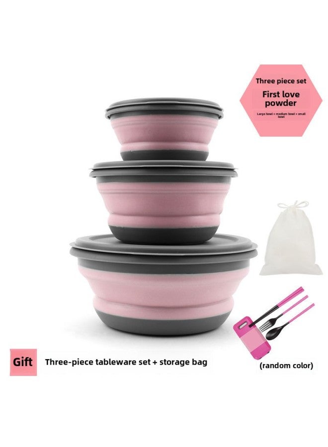 Folding Bowl Portable Retractable Japanese Outdoor Compression Travel Travel Wild Tableware Baby Picnic Drop-resistant Lunch Box-Color:Pink Three-piece Set, Free Three-piece Tableware Set + Storage Bag  - Image 1
