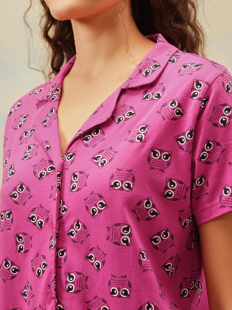 Clovia Women's Cotton Printed Button Down T-Shirt & Pyjama Set (LS0025P15_Purple_L) - Image 5