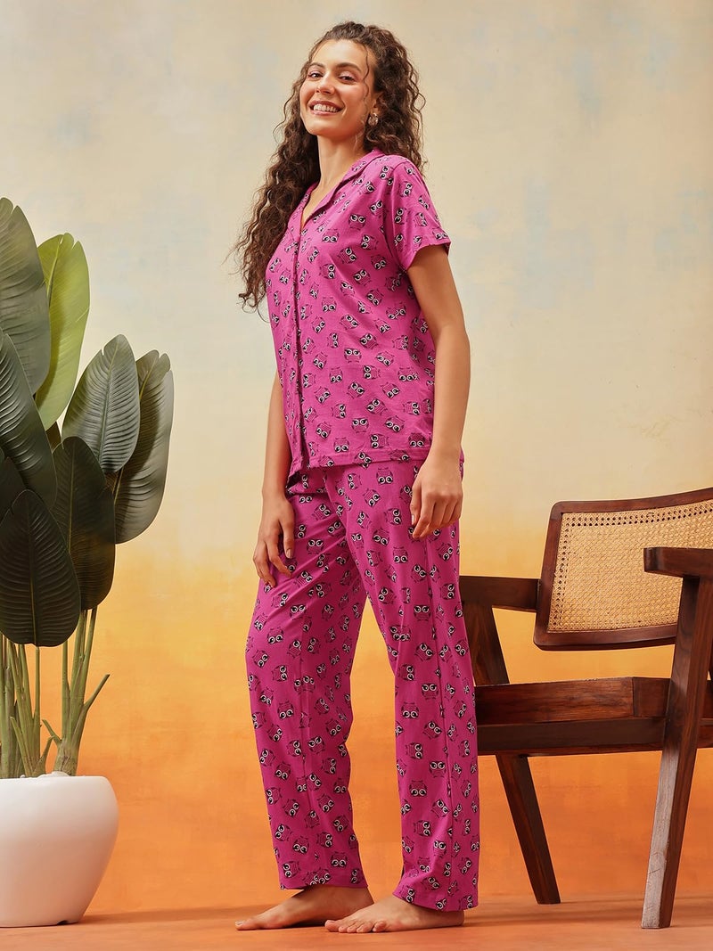 Clovia Women's Cotton Printed Button Down T-Shirt & Pyjama Set (LS0025P15_Purple_L) - Image 2
