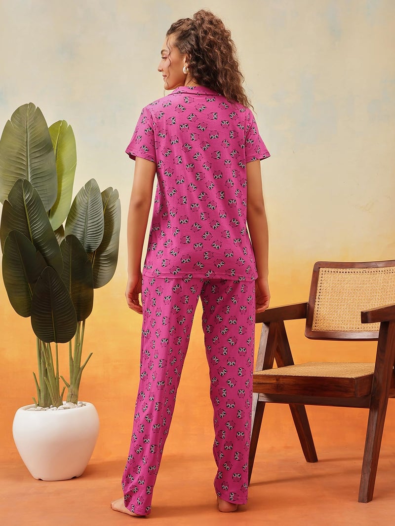 Clovia Women's Cotton Printed Button Down T-Shirt & Pyjama Set (LS0025P15_Purple_L) - Image 3