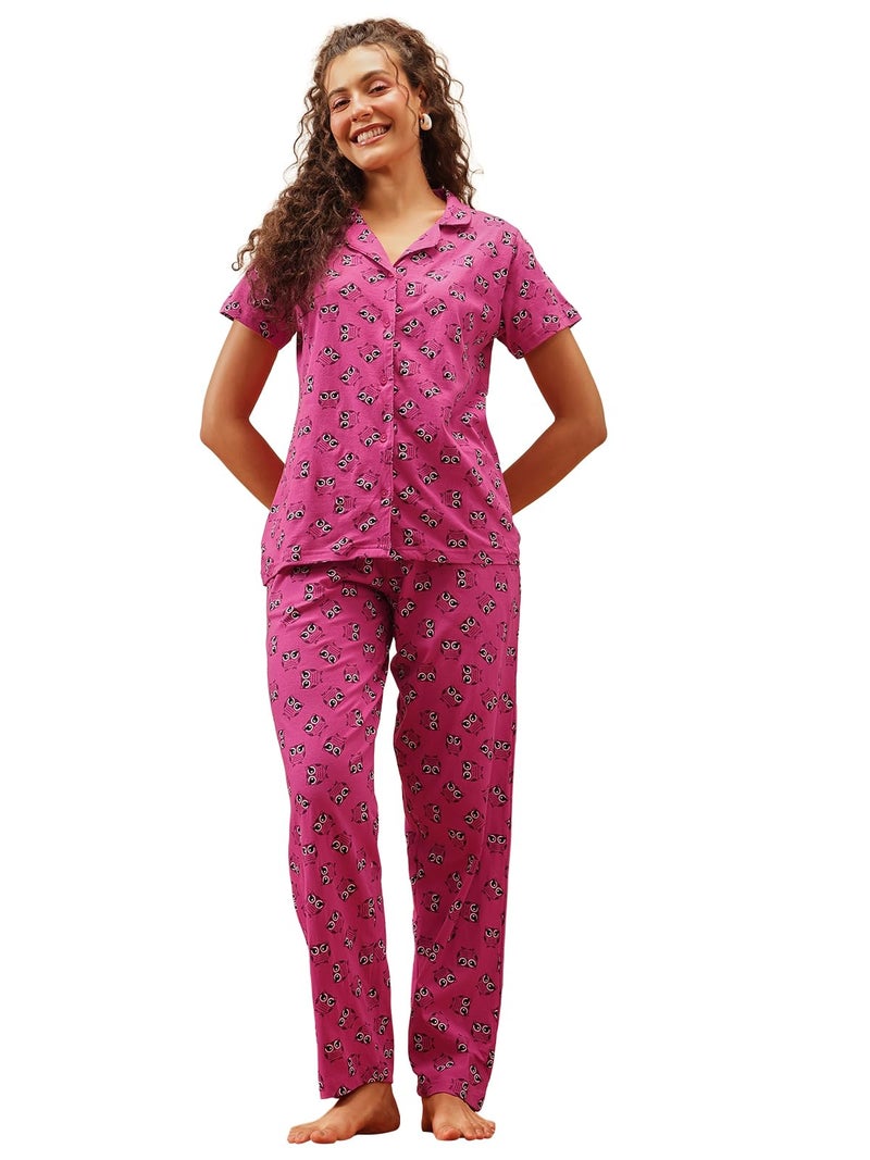 Clovia Women's Cotton Printed Button Down T-Shirt & Pyjama Set (LS0025P15_Purple_L) - Image 1