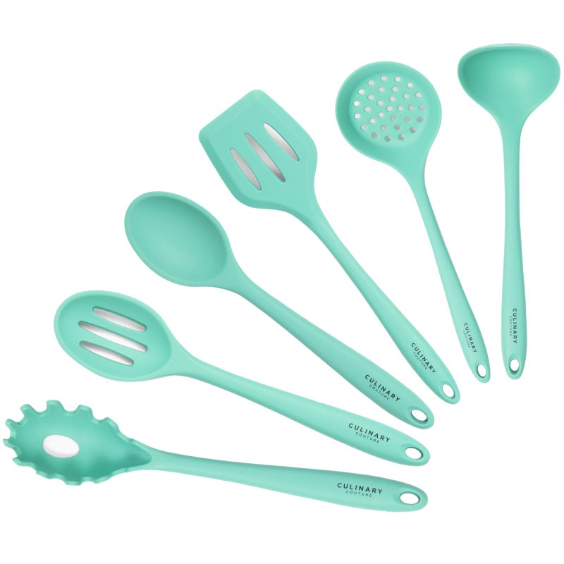 Culinary Couture Culinary Couture Aqua Sky Silicone Cooking Utensils Set  Sturdy Steel Inner Core  Spatula Mixing  Slotted Spoon Ladle Pasta Server Drainer  Heat Resistant Kitchen Tools  Bonus Recipe Ebook 