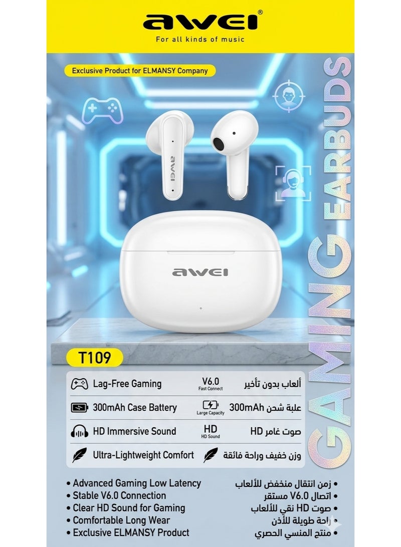 Awei T109 True Wireless Gaming Earbuds - White Edition, Low Latency, 300mAh Battery, HD Sound & Ultra Lightweight (Exclusive ELMANSY)