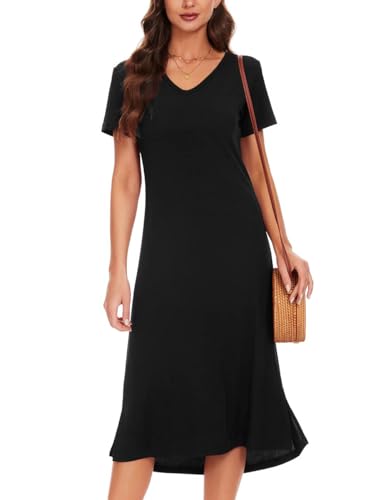 VOBCTY Women's Casual Tshirt Dress Short Sleeve Summer Soft Material V Neck Dresses Black Large - Image 1