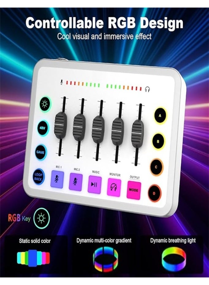 Game Audio Mixer, Self-media Audio Mixer, Mixer with XLR Mic Interface, 48V Phantom Power for Podcast/Recording/Game Voice/YouTube/TikTok/Vocal (White)  - Image 2