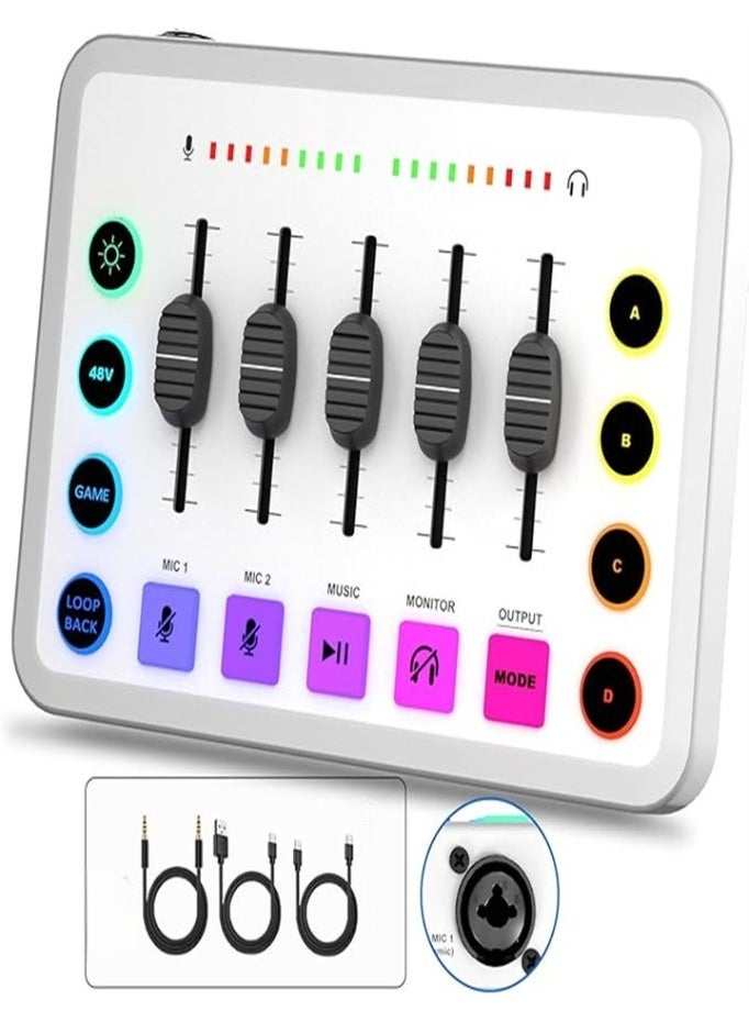 Game Audio Mixer, Self-media Audio Mixer, Mixer with XLR Mic Interface, 48V Phantom Power for Podcast/Recording/Game Voice/YouTube/TikTok/Vocal (White)  - Image 1