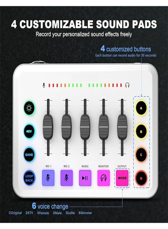 Game Audio Mixer, Self-media Audio Mixer, Mixer with XLR Mic Interface, 48V Phantom Power for Podcast/Recording/Game Voice/YouTube/TikTok/Vocal (White)  - Image 5