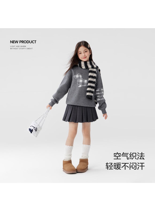Zoxi Girls Sweater Autumn Winter Sausage Dog 2025 New Big Kids Warm Knitted Top Gray 140