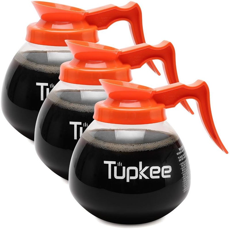 Tupkee Replacement Coffee Pot Decanter Commercial 64 oz 12Cup Set of 3 Orange Handle Decaf Glass Coffee Pots Carafe