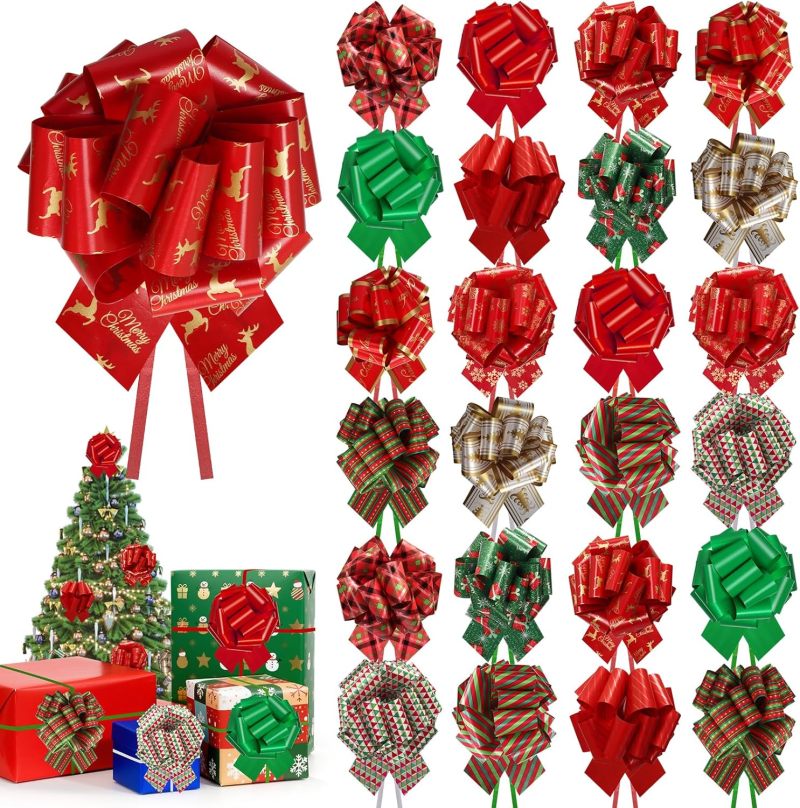 Christmas Pull Bows 5-Inch Colorful Mixed Pack - Festive Decorative Gift Wrapping Bows for Xmas Holiday Present Basket Wine Bottle Bouquet Decor - Image 1