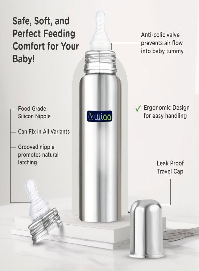 WIAA Stainless Steel Baby Feeding Bottle | Baby Milk Bottle for Infant & Newborn | BPA-Free Silicone Nipple, Plastic-Free Milk Contact, Anti-Colic Vent, Leak-Proof & Travel-Friendly (300 ML) - Image 4