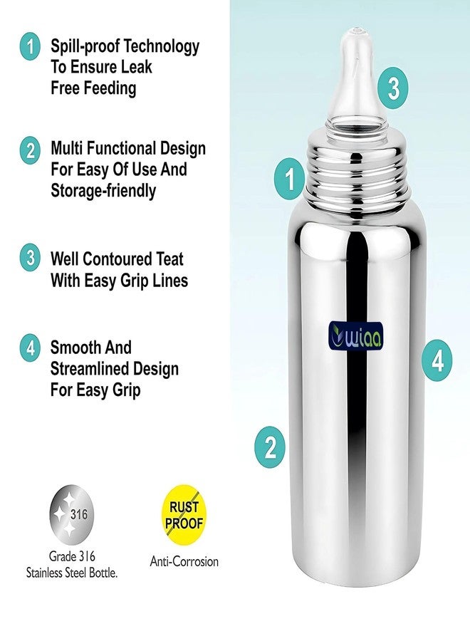 WIAA Stainless Steel Baby Feeding Bottle | Baby Milk Bottle for Infant & Newborn | BPA-Free Silicone Nipple, Plastic-Free Milk Contact, Anti-Colic Vent, Leak-Proof & Travel-Friendly (300 ML) - Image 3
