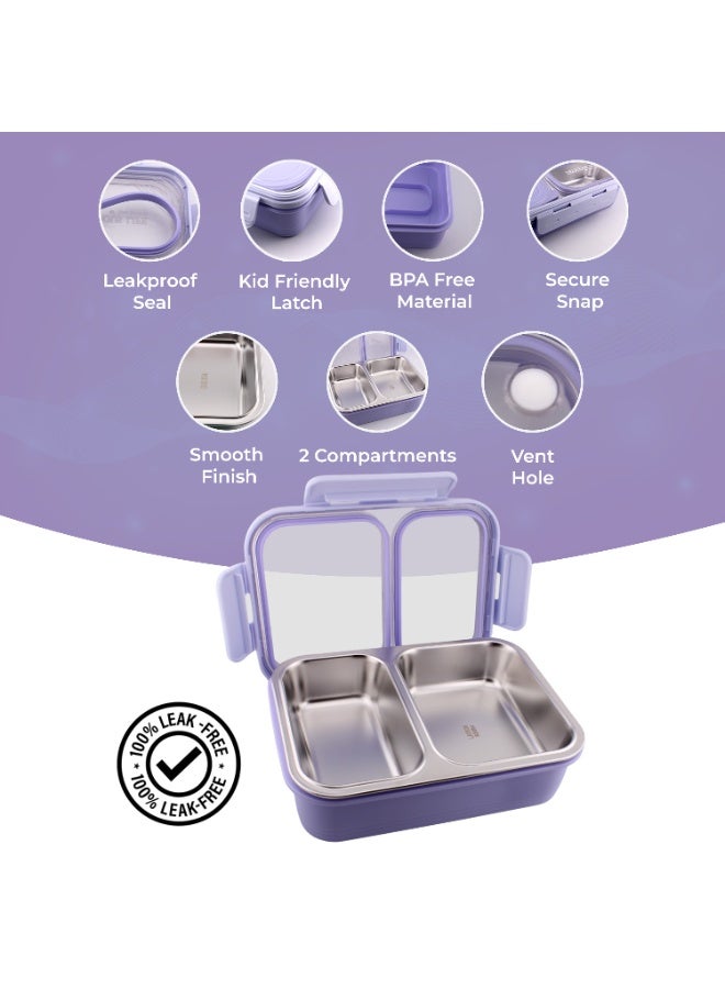 CRAVISTA Stainless Steel Bento Lunch Box, Leak Proof Lunchbox for Kids, BPA Free Bento Box for Kids and Adults | Tiffin for Office and School (Purple, 700 ML, 2 Compartment) - Image 3