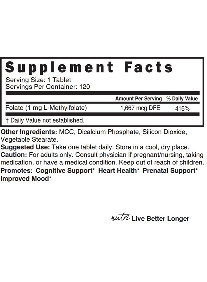 نايتشرز فوجنز Nature's Fusions Nutri 5-MTHF L Methylfolate 1MG - إمداد لمدة 4 أشهر، 120 قرصًا نباتيًا - مكمل حمض الفوليك المثيلي - الوظيفة الإدراكية، صحة القلب، دعم ما قبل الولادة - حمض الفوليك المثيلي - Image 4
