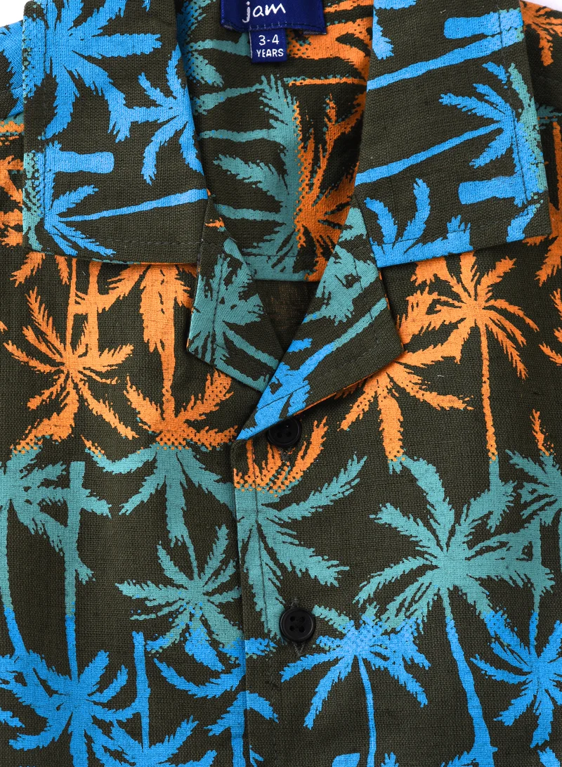 JAM Boys' Tropical Print Linen Shirt with Camp Collar