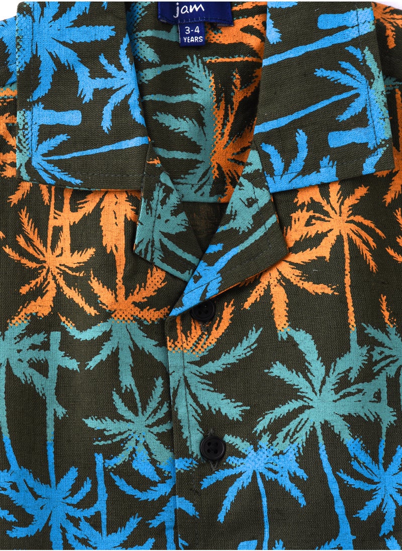 JAM Boys' Tropical Print Linen Shirt with Camp Collar  - Image 3