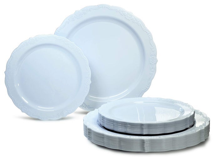 OCCASIONS 120 PLATES PACK60 GUESTS VINTAGE WEDDING PARTY DISPOSABLE PLASTIC PLATES SET 60 X 10 DINNER 60 X 75 SALADDESSERT VERONA BLUE