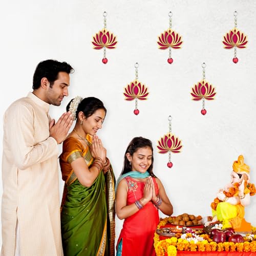 Party Propz Handmade Lotus Hangings for Decoration- 6 Pcs, 8 inch, Pooja Room Decorations Items, Temple Decorations Items, Pink Lotus Latkan for Haldi Decoration for Home Decor, Wedding Decor (MDF) - Image 5