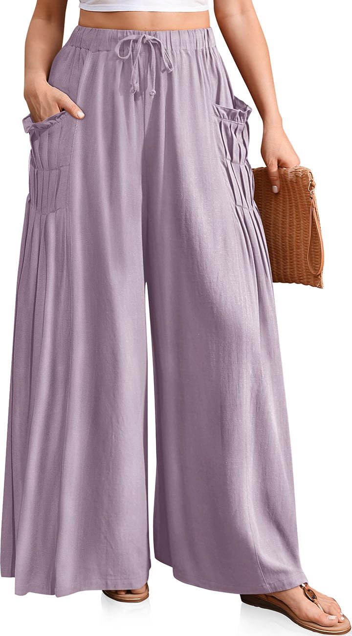 TARSE Women's 2025 Summer Wide Leg Palazzo Pants High Waisted Flowy Pockets Trendy Casual Lounge Boho Beach Trousers Lightpurple, XXL - Image 1