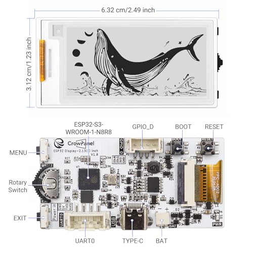 ELECROW ESP32 E-Ink Display 2.13 Inch, CrowPanel E-paper HMI Display Compatible with Arduino IDE, E Ink Screen with 122x250 Resolution Black/White Color, Driven by SPI Interface (Without Acrylic Case) - Image 3