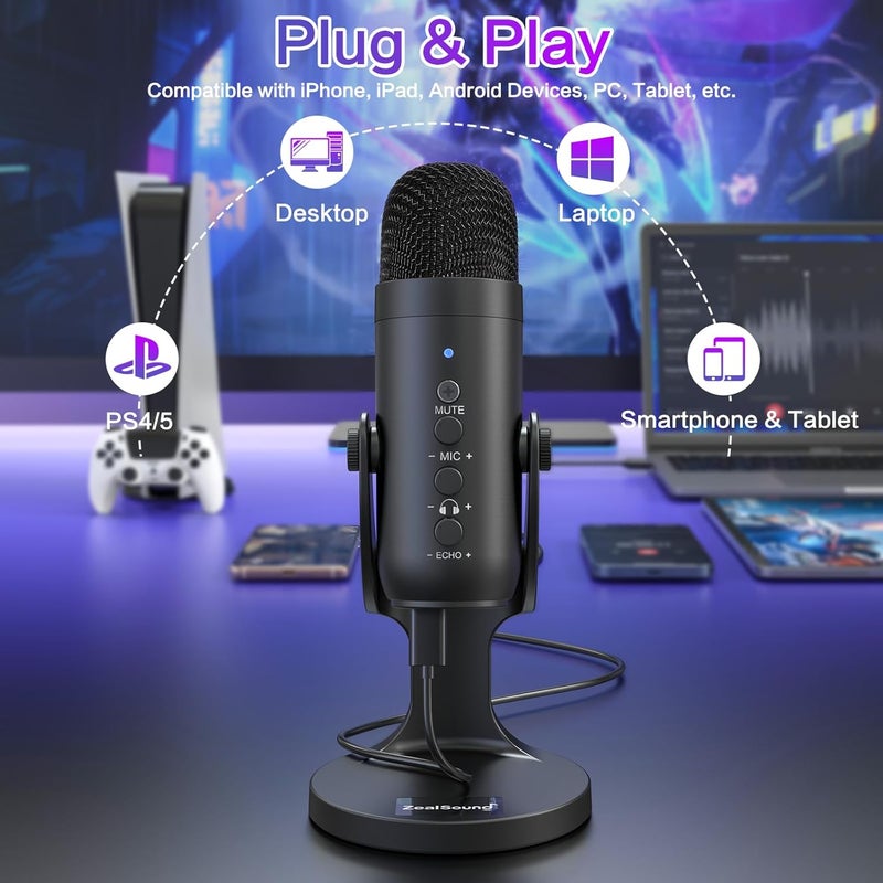 USB Gaming Microphone,Condenser Computer PC Microphones,Plug&Play Mic for PS4/PS5 Vocal,YouTube Podcast on Mac&Windows with Mic Gain Control,Mute Button,Noise cancel,Headphone Jack,K66 Black - Image 4