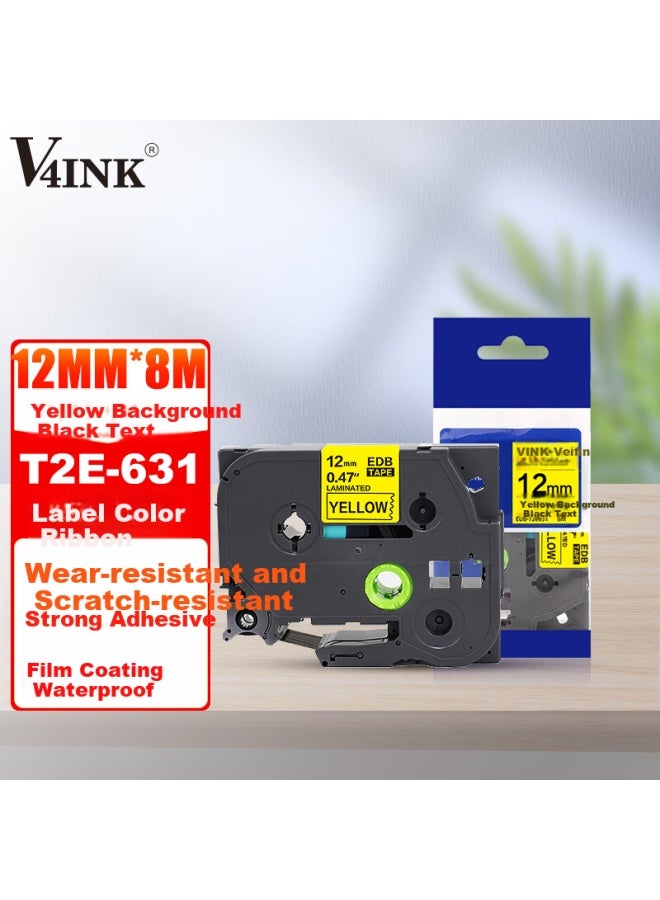 V4ink شريط طباعة ملصقات متوافق مع Brother 12 مم خلفية صفراء نص أسود شريط طابعة ملصقات متوافق مع ورق ملصقات Brother Tze-631 - Image 1