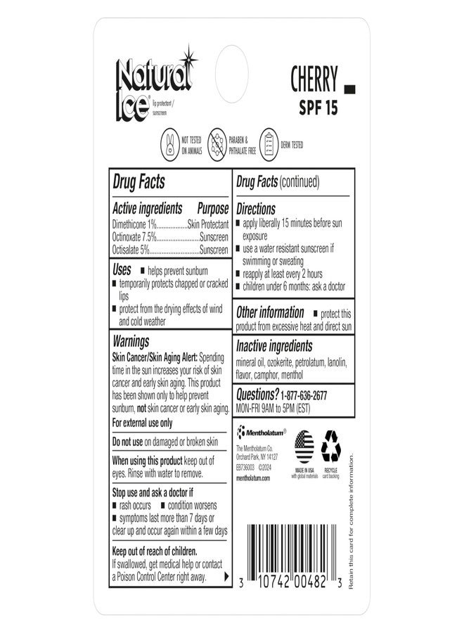 Mentholatum Natural Ice Cherry SPF 15 Medicated Lip Balm, 0.15 Ounce (Pack of 4) - Image 3