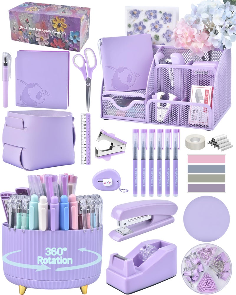 Vamrak Purple Desk Accessories and Organizers with Desk Organizer and 360Â°Rotating Pen Holder stapler Pen and a Lot of Office Purple Office Supplies Beautifully Presented in a Gift Box - Image 1