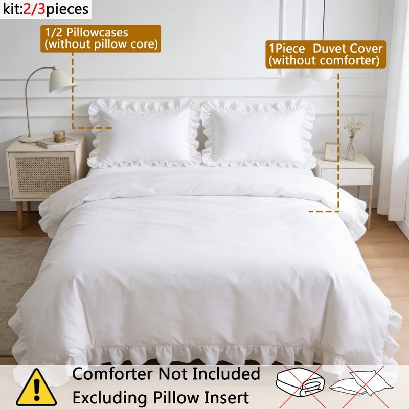 A 2/3pcs French Romantic Style Duvet Cover with a Sweet And Delicate Ruffled Design, Made from Ultra-Soft, Wrinkle-Resistant Fabric in Pure White. This Bedding Is Easy to Care for And Includes a Duvet Cover And One Or Two Pillowcases - Image 4
