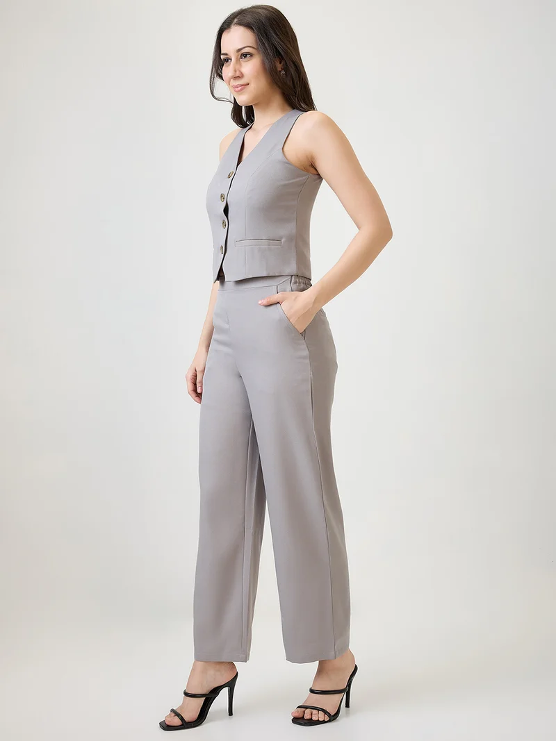 جلو باص Women Grey V-Neck Solid Front Pocket Detail Waistcoat With Trousers Workwear Co-Ord Set
