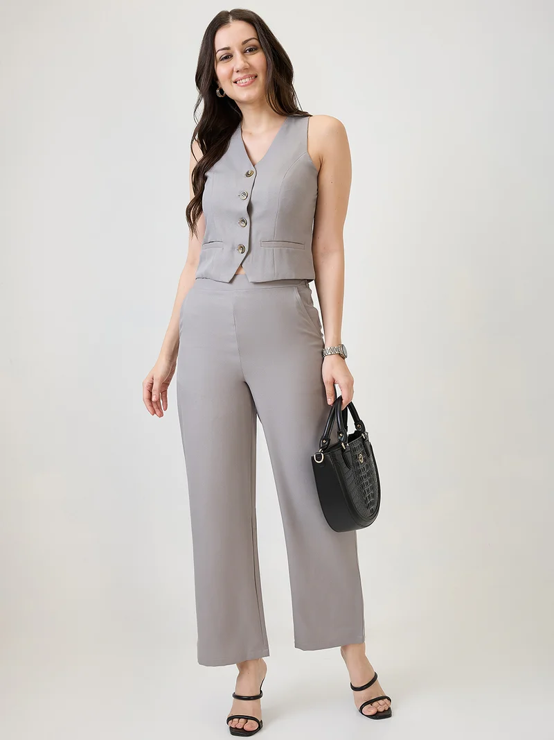 جلو باص Women Grey V-Neck Solid Front Pocket Detail Waistcoat With Trousers Workwear Co-Ord Set