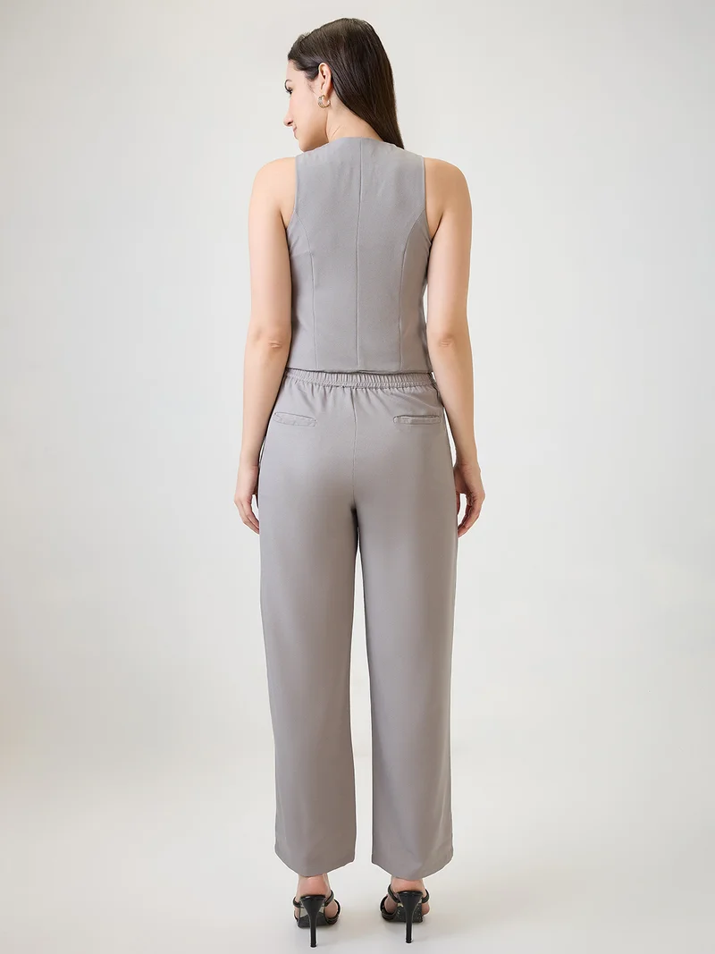 globus Women Grey V-Neck Solid Front Pocket Detail Waistcoat With Trousers Workwear Co-Ord Set