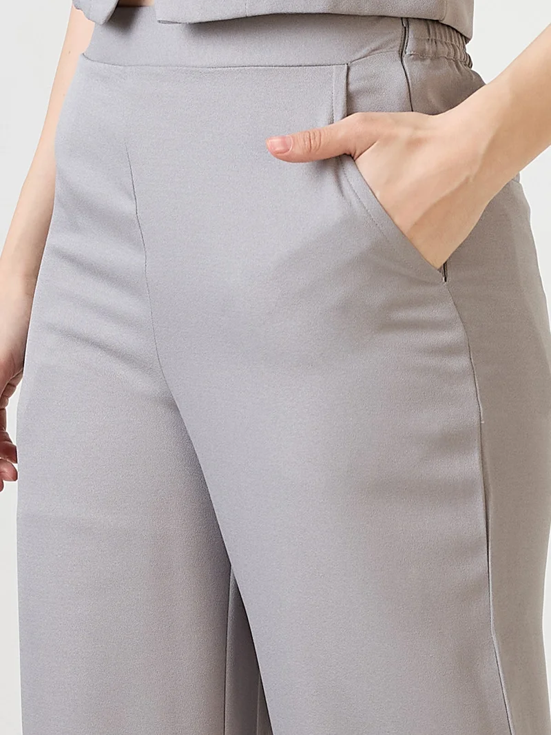 globus Women Grey V-Neck Solid Front Pocket Detail Waistcoat With Trousers Workwear Co-Ord Set