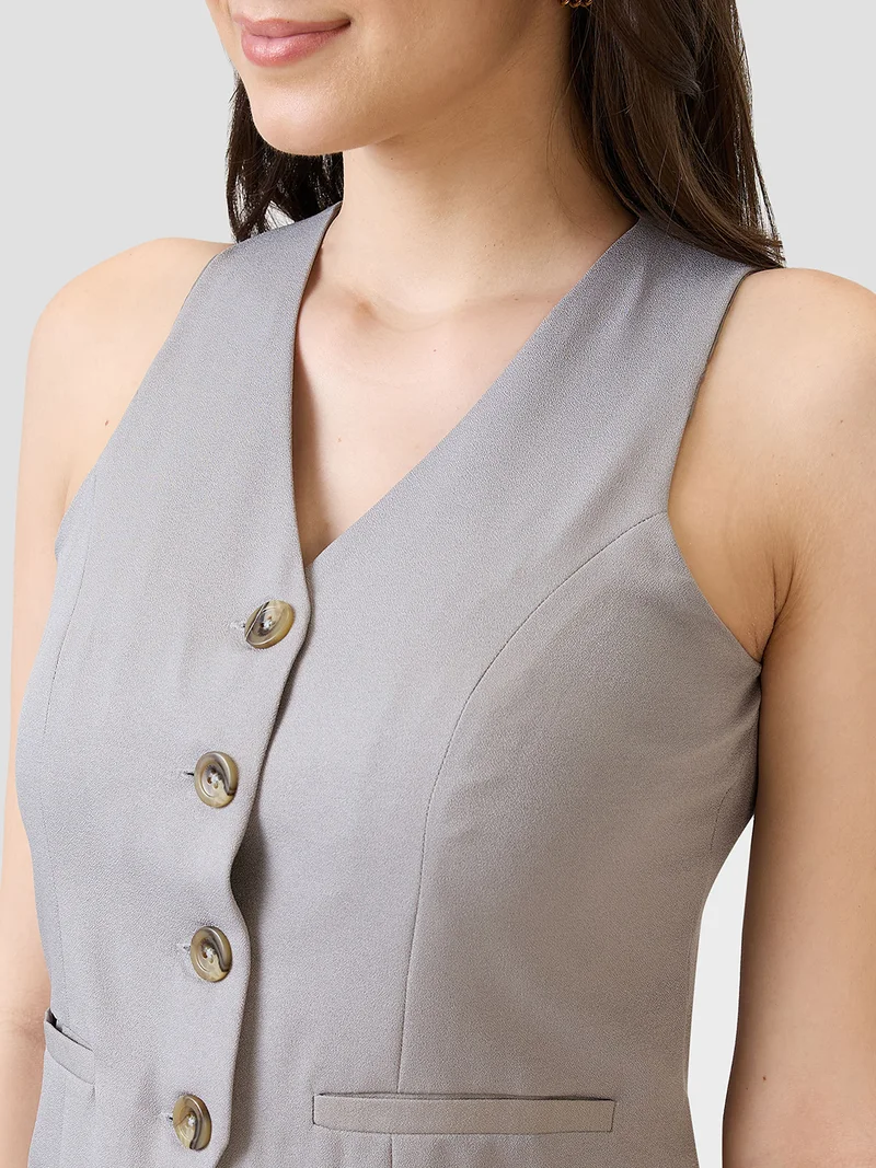 globus Women Grey V-Neck Solid Front Pocket Detail Waistcoat With Trousers Workwear Co-Ord Set